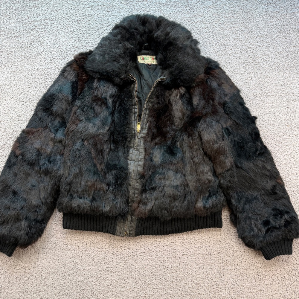 Vintage Curly Top Faux Rabbit Fur Bomber Jacket Black S Full Zip Made in Korea
